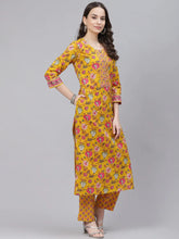 Women Mustard Yellow Pink Ethnic Motifs Print Cotton Kurta With Trousers Dupatta